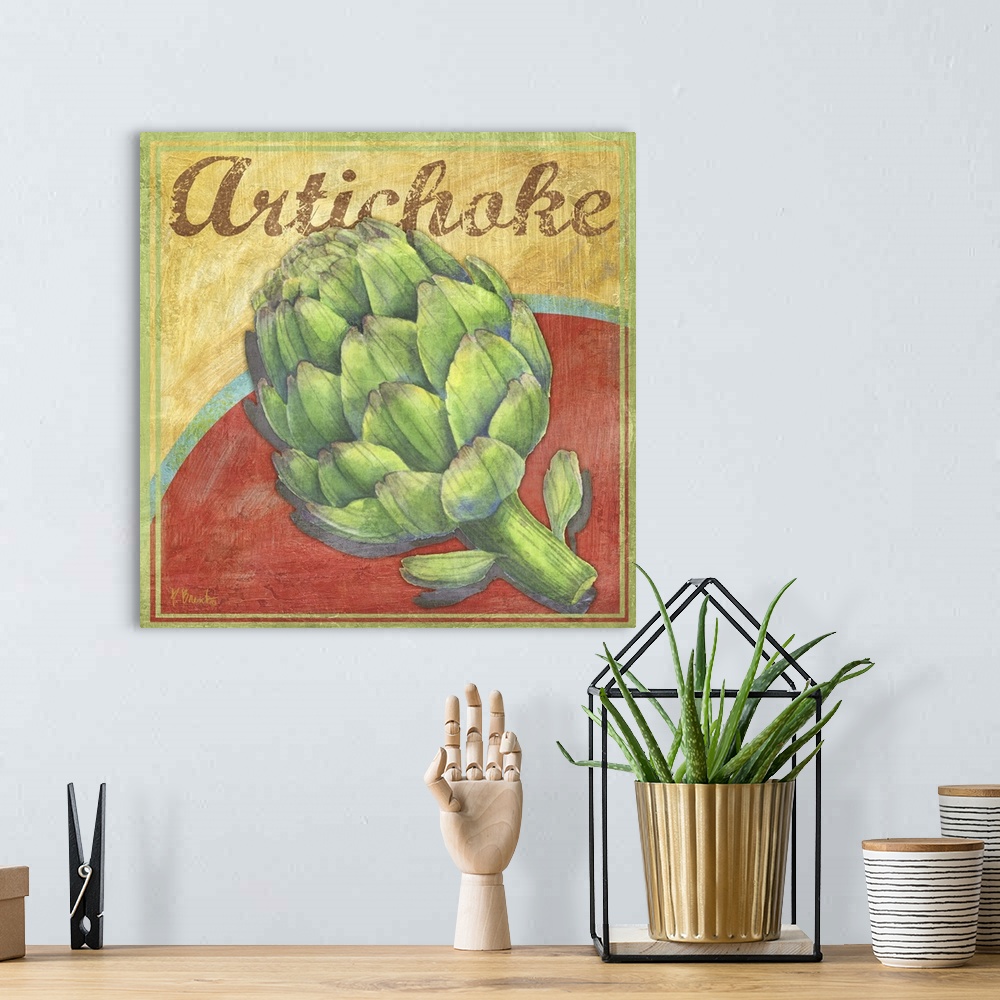 A bohemian room featuring Rustic-style farmer's market sign with a harvested artichoke.