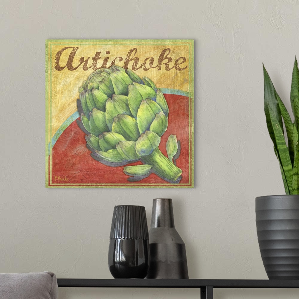 A modern room featuring Rustic-style farmer's market sign with a harvested artichoke.