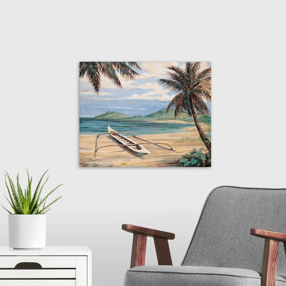 A modern room featuring Contemporary painting of palm trees overlooking the beach with an outrigger canoe.