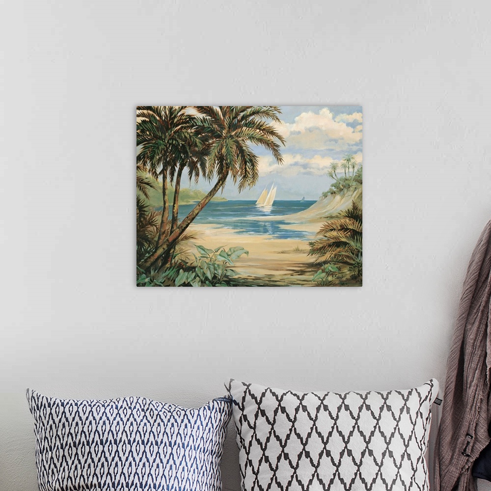 A bohemian room featuring Contemporary painting of palm trees overlooking the beach with a sailboat.