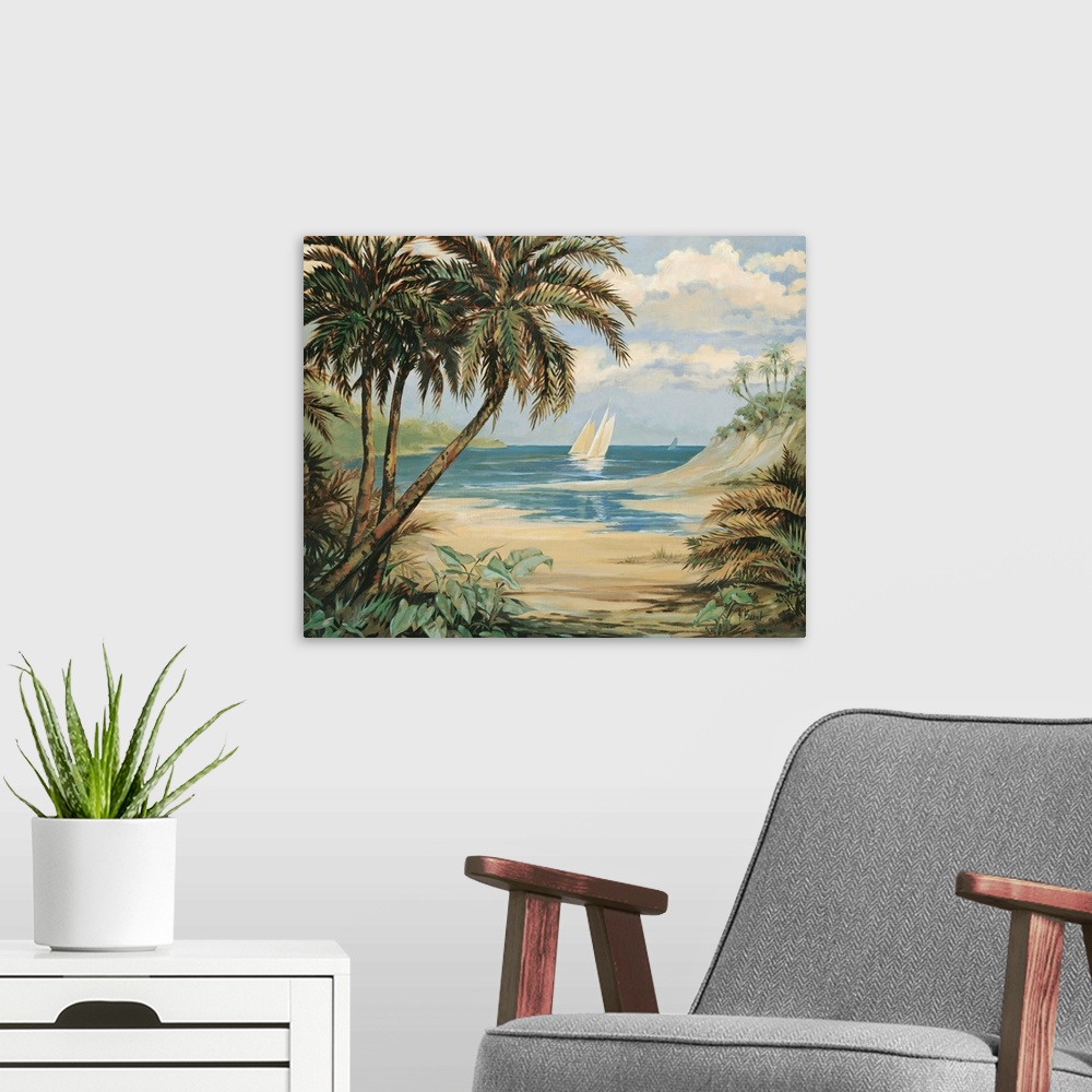A modern room featuring Contemporary painting of palm trees overlooking the beach with a sailboat.