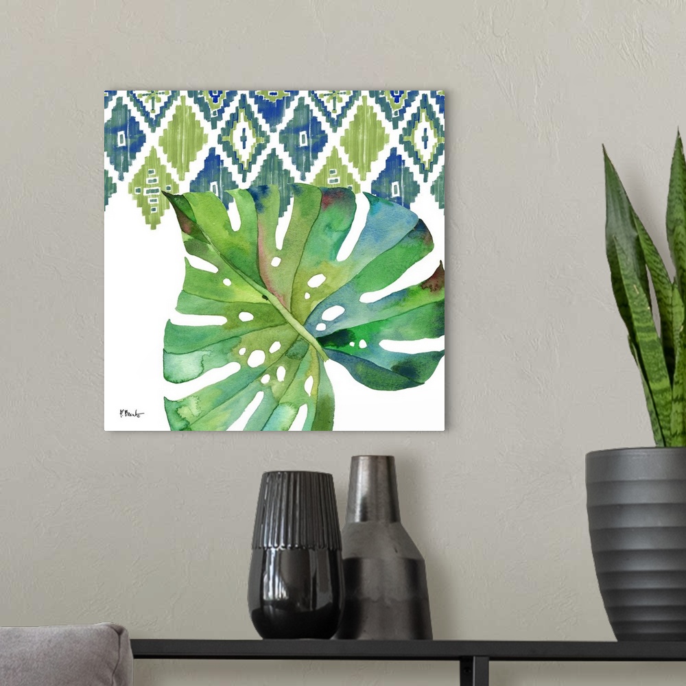 A modern room featuring Palm Fronds II - Blue