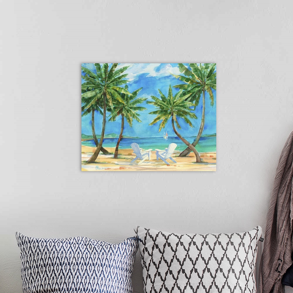 A bohemian room featuring Watercolor painting of palm trees growing on the beach with white beach chairs.