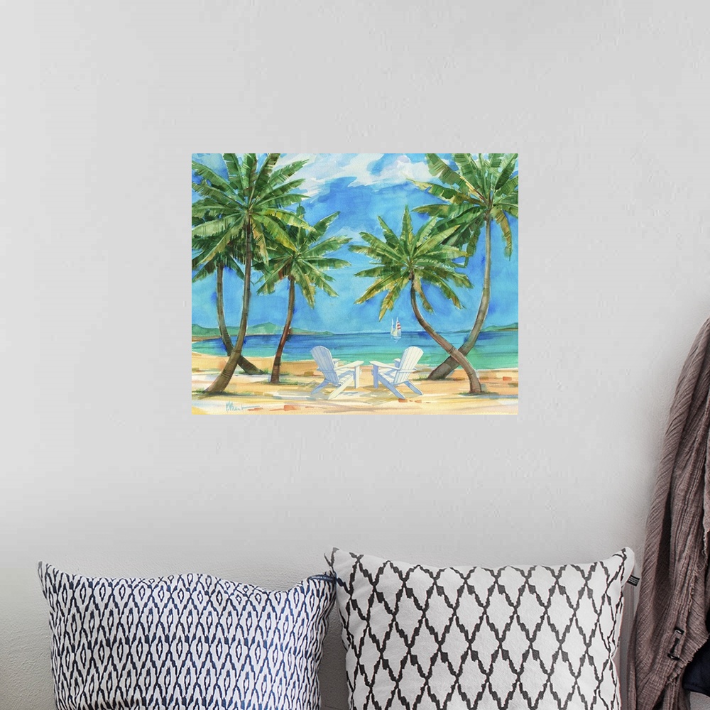 A bohemian room featuring Watercolor painting of palm trees growing on the beach with white beach chairs.