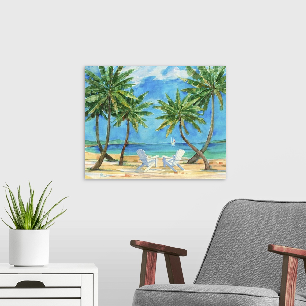 A modern room featuring Watercolor painting of palm trees growing on the beach with white beach chairs.