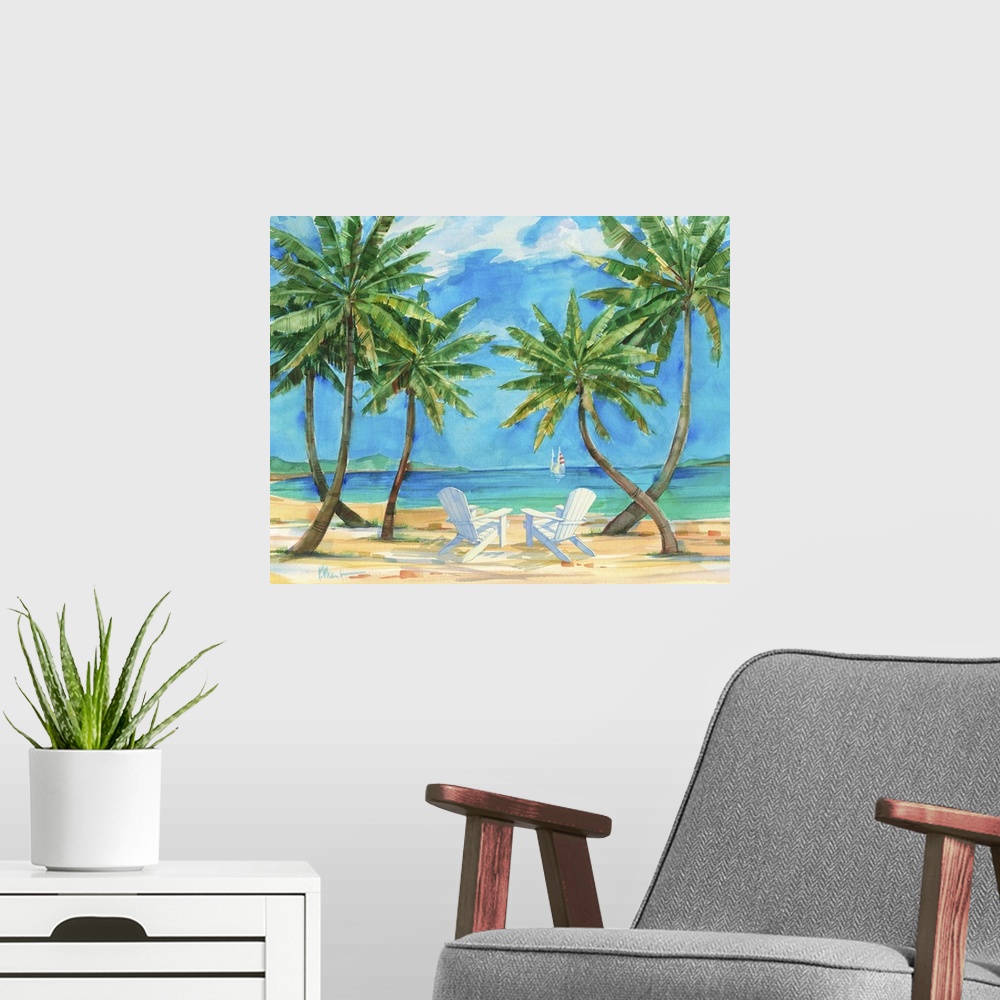A modern room featuring Watercolor painting of palm trees growing on the beach with white beach chairs.