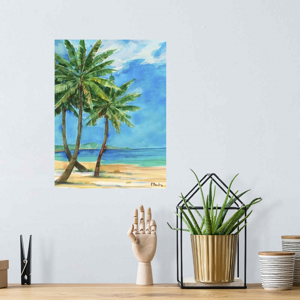 A bohemian room featuring Watercolor painting of palm trees growing on the beach near a turquoise ocean.