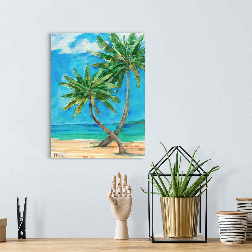 A bohemian room featuring Watercolor painting of palm trees growing on the beach near a turquoise ocean.