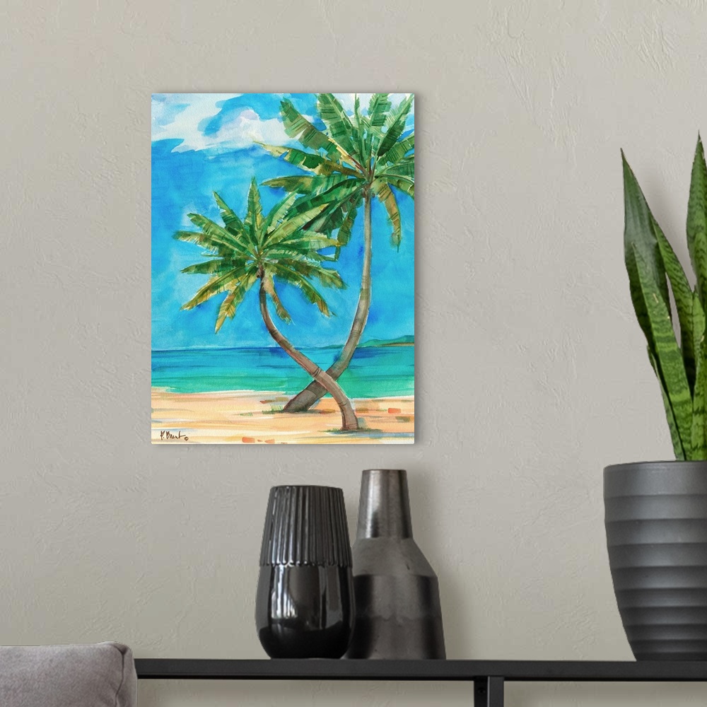 A modern room featuring Watercolor painting of palm trees growing on the beach near a turquoise ocean.