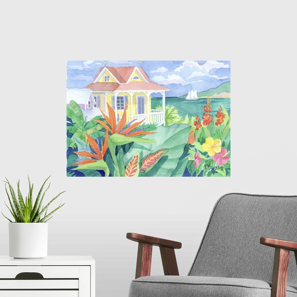 A modern room featuring Watercolor painting of a small beach house on the coast with tropical flowers in the foreground.