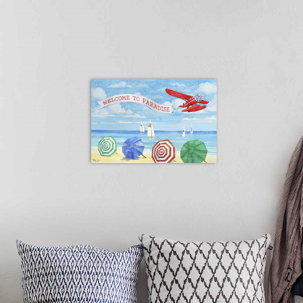 A bohemian room featuring Beach themed decor with an illustration of a red airplane flying over the ocean with a sign that ...