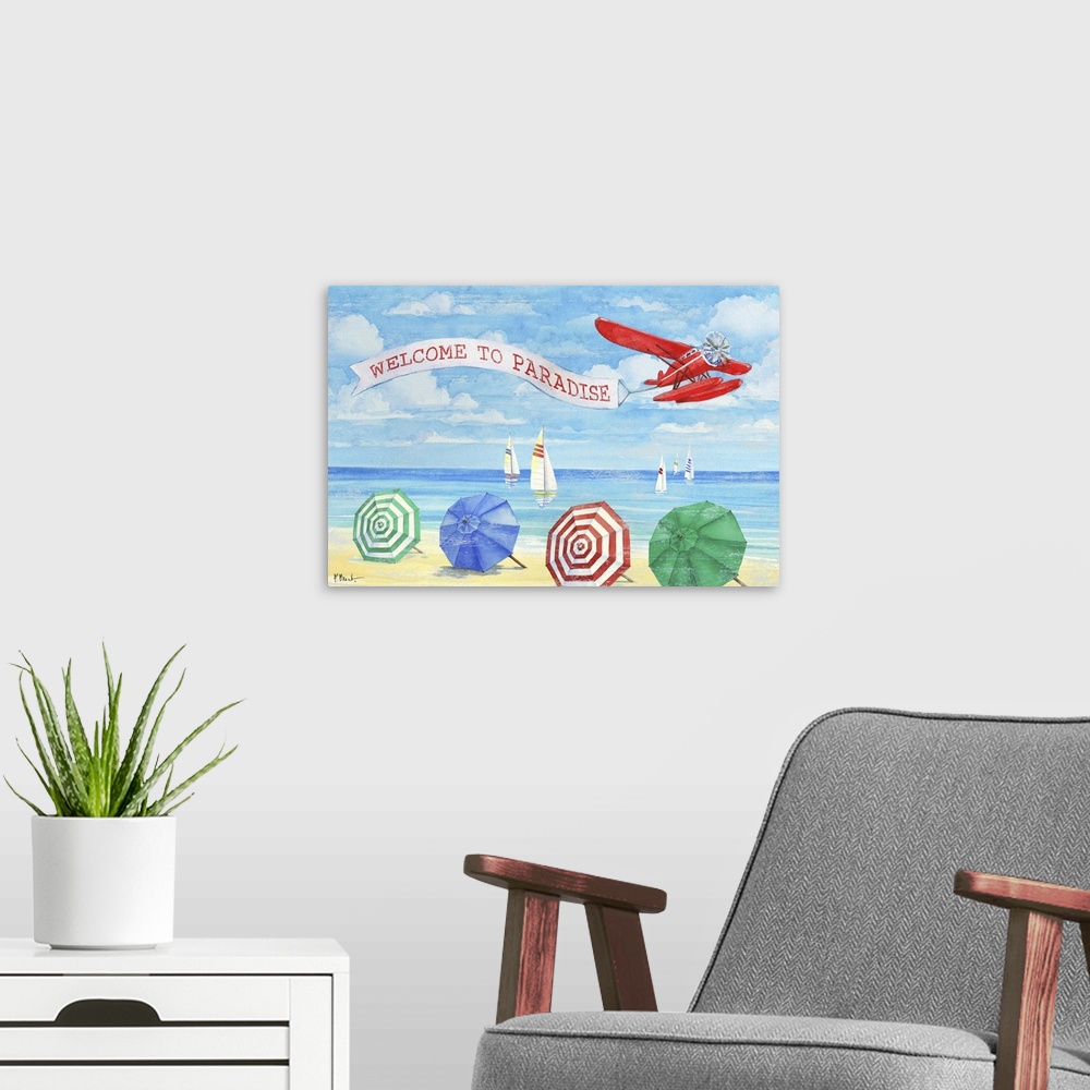 A modern room featuring Beach themed decor with an illustration of a red airplane flying over the ocean with a sign that ...