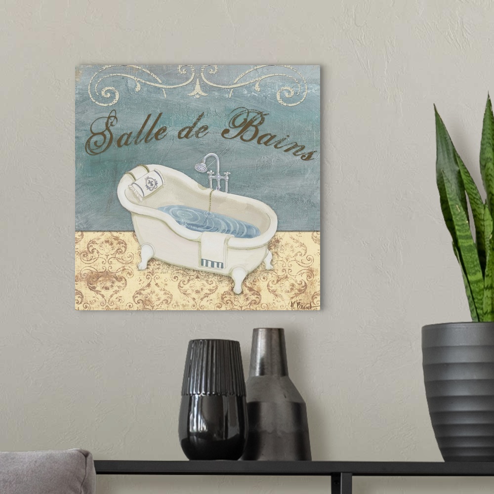 A modern room featuring Square decorative panel with an old style bathtub and textured flourishes.
