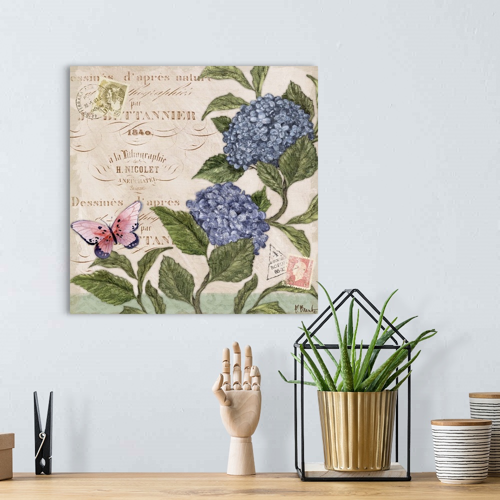 A bohemian room featuring Decorative mixed media panel featuring two hydrangea blooms, a vintage letter, and a butterfly.