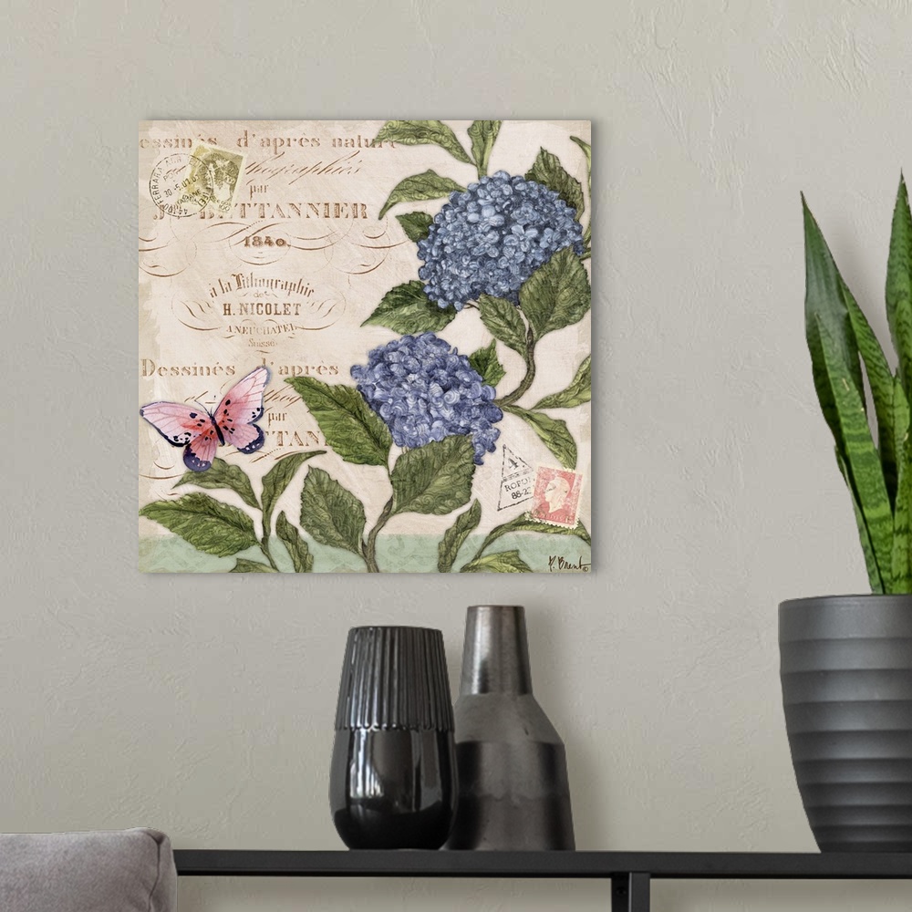 A modern room featuring Decorative mixed media panel featuring two hydrangea blooms, a vintage letter, and a butterfly.
