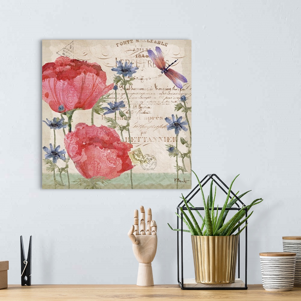 A bohemian room featuring Decorative mixed media panel featuring two peony blooms, a vintage letter, and a dragonfly.