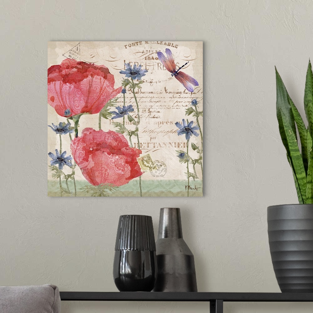 A modern room featuring Decorative mixed media panel featuring two peony blooms, a vintage letter, and a dragonfly.