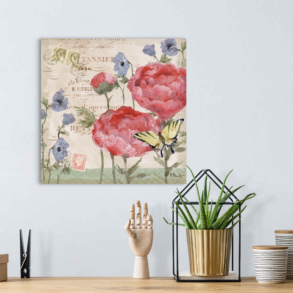 A bohemian room featuring Decorative mixed media panel featuring two peony blooms, a vintage letter, and a butterfly.