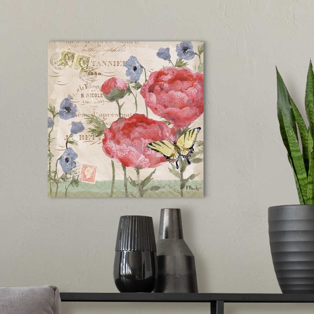 A modern room featuring Decorative mixed media panel featuring two peony blooms, a vintage letter, and a butterfly.