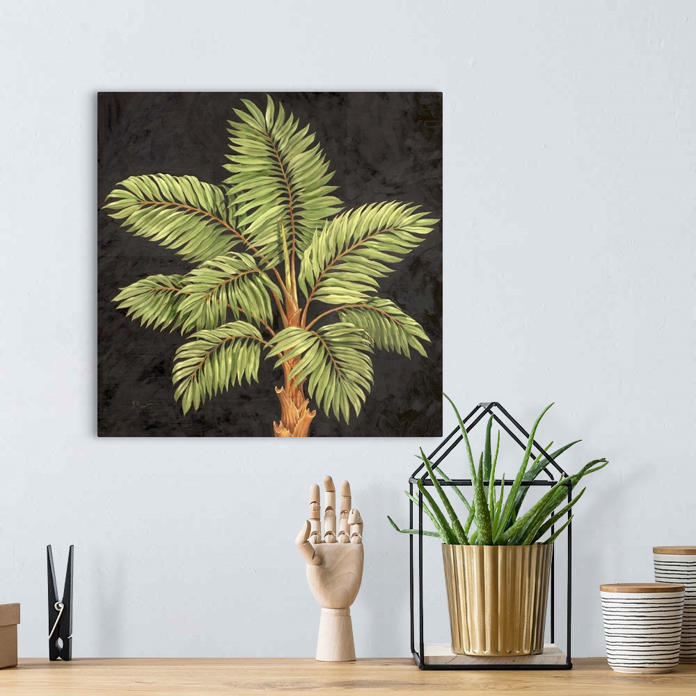 A bohemian room featuring Painting of the top of a palm tree with leafy fronds.