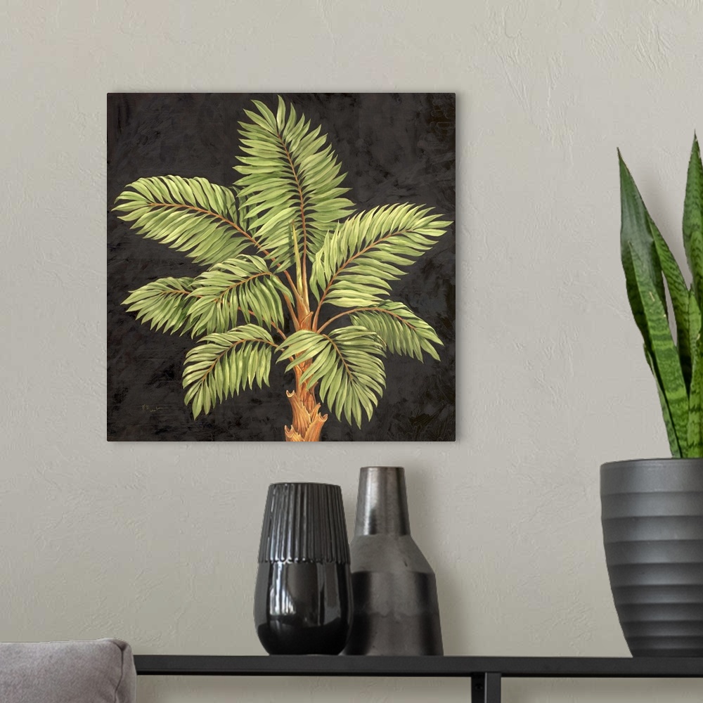 A modern room featuring Painting of the top of a palm tree with leafy fronds.