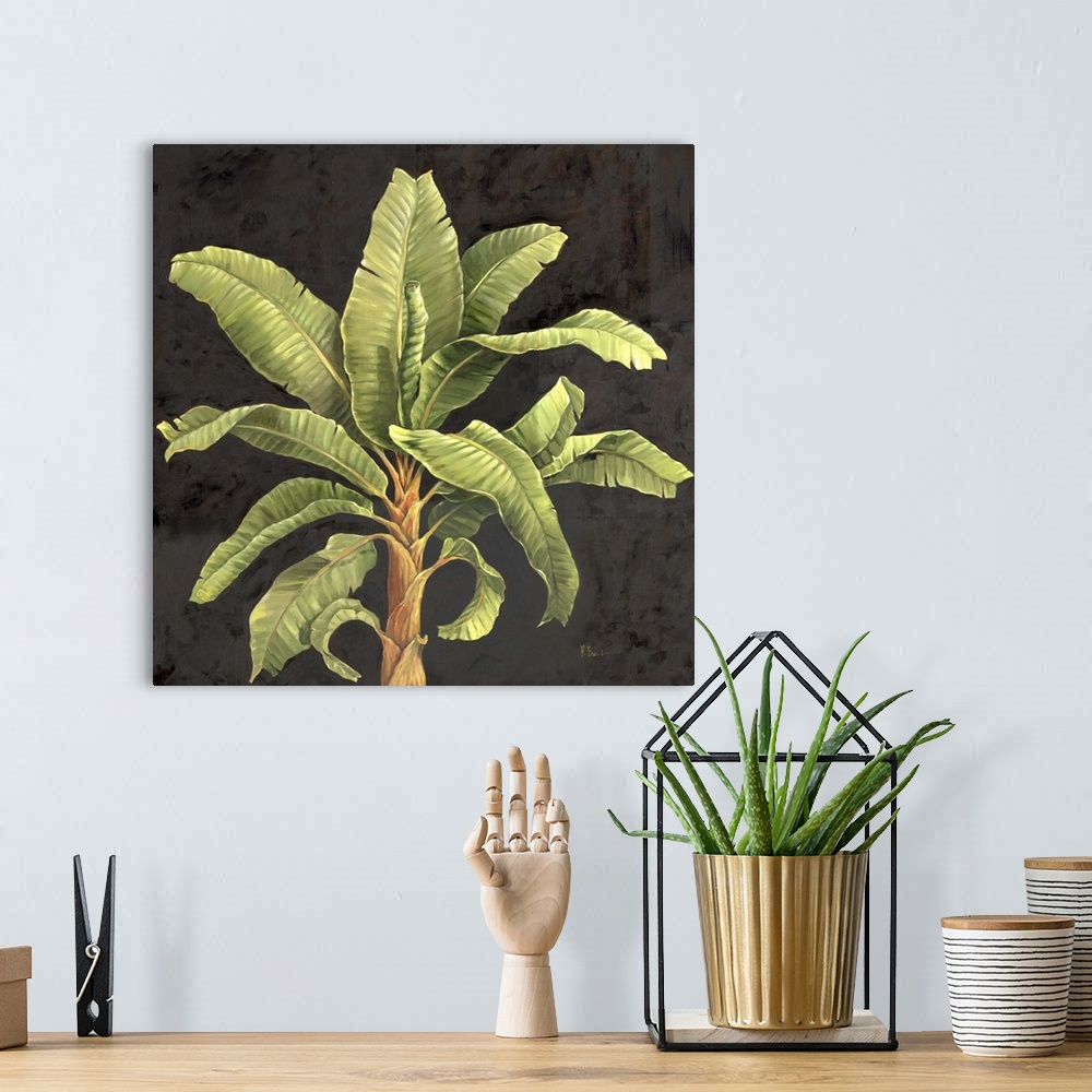 A bohemian room featuring Painting of the top of a palm tree with broad fronds.