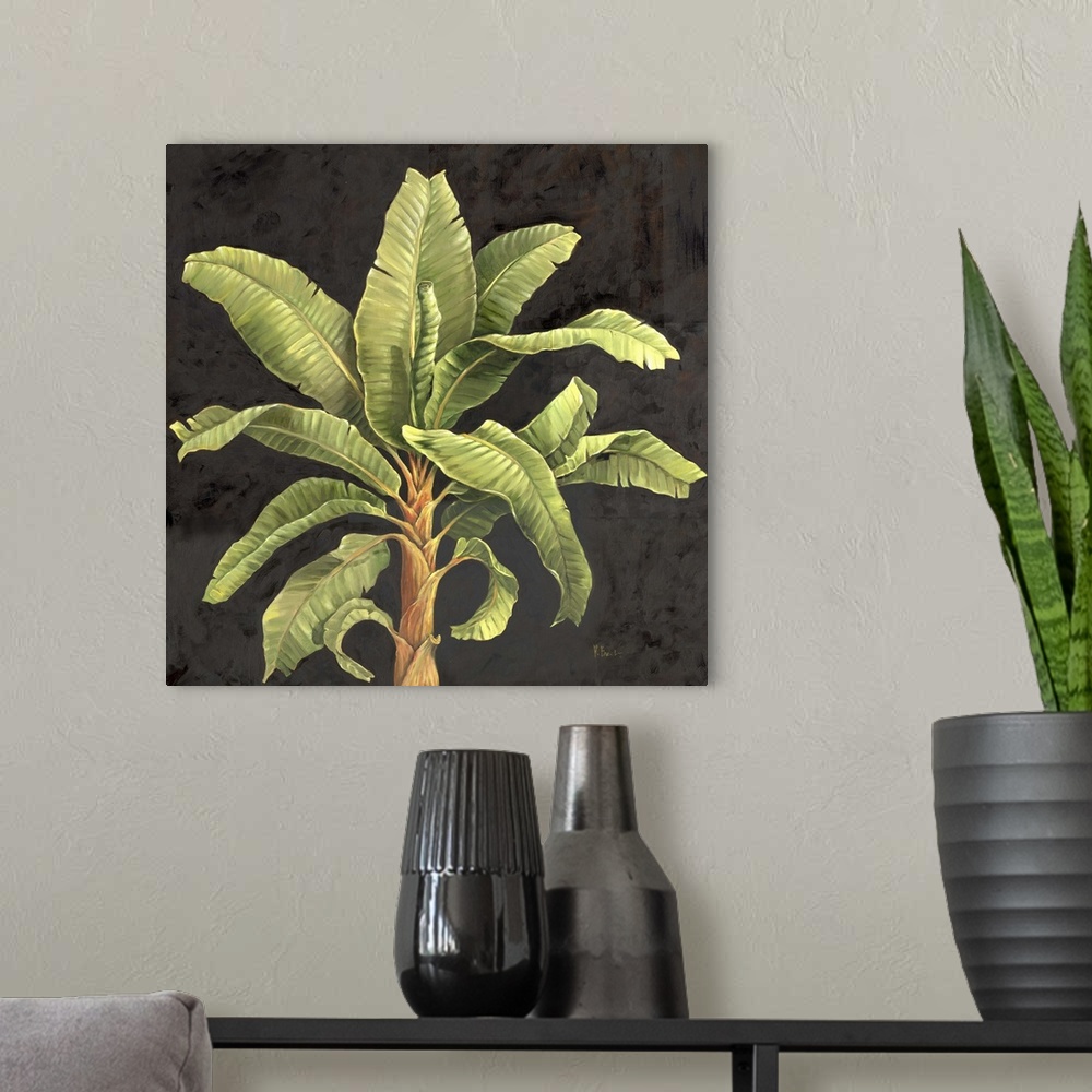 A modern room featuring Painting of the top of a palm tree with broad fronds.