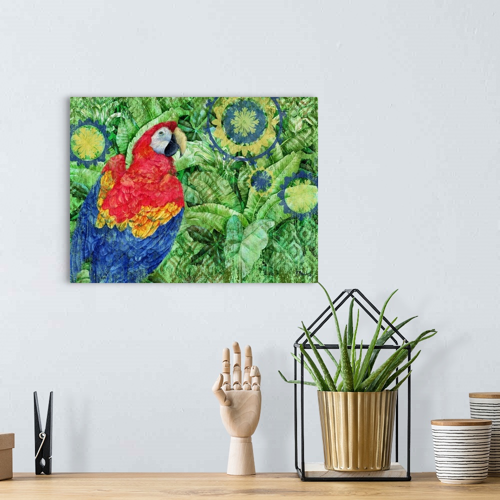 A bohemian room featuring Painting of a scarlet macaw on a batik background decorated with palm leaves.