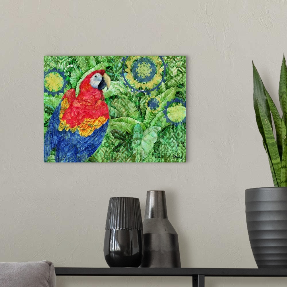 A modern room featuring Painting of a scarlet macaw on a batik background decorated with palm leaves.