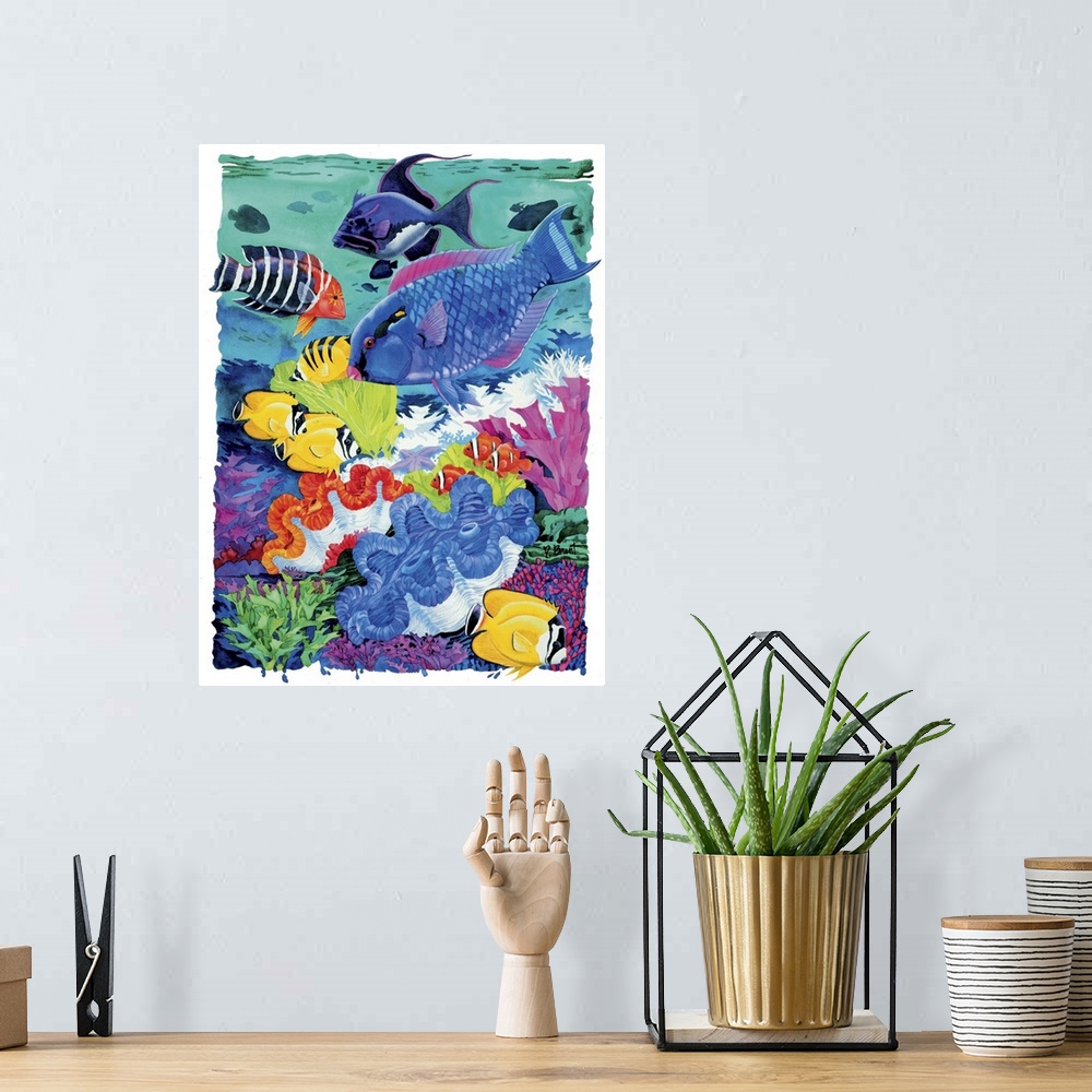 A bohemian room featuring Underwater tropical scene with large, colorful fish swimming over a coral reef with giant clams a...