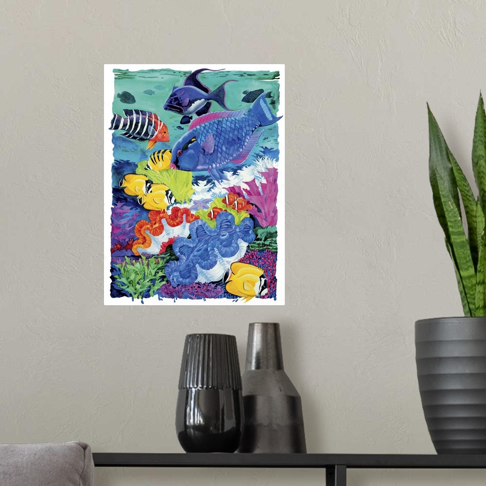 A modern room featuring Underwater tropical scene with large, colorful fish swimming over a coral reef with giant clams a...