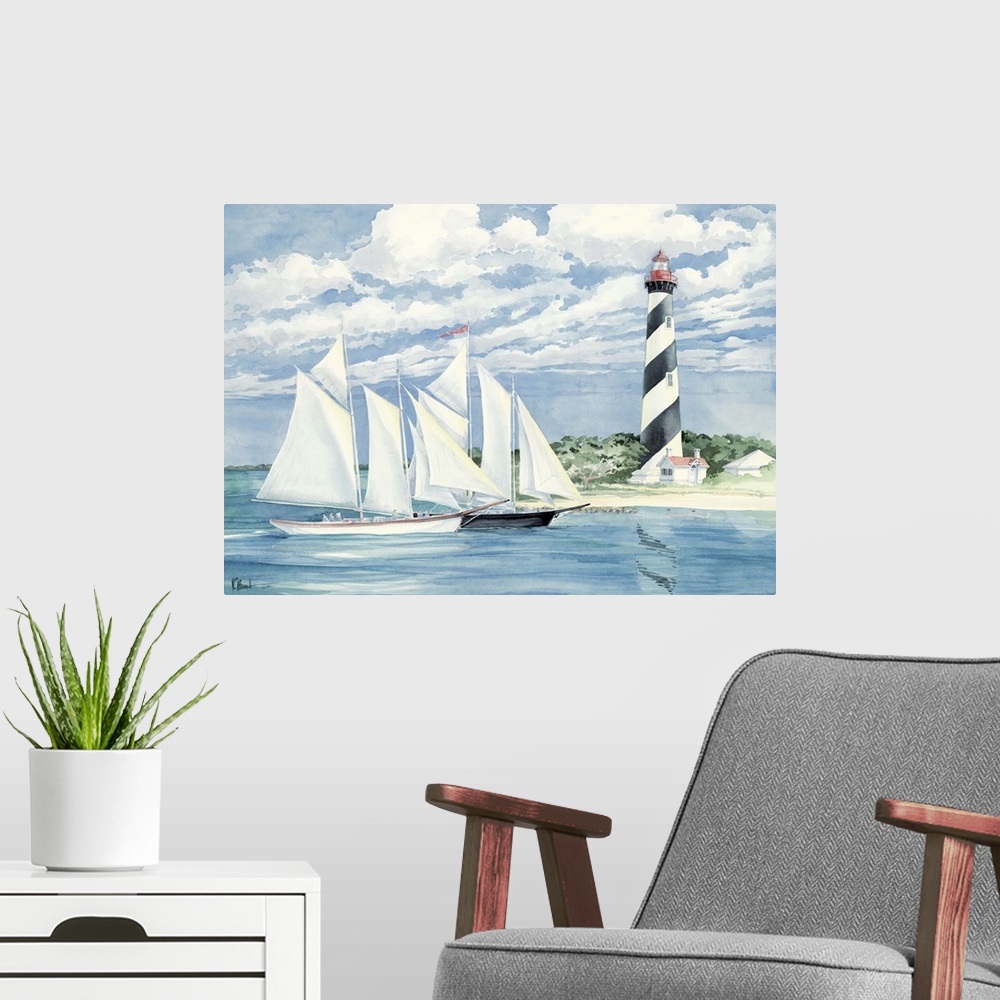 A modern room featuring Two boats with full sails passing by the St. Augustine Light in Florida.