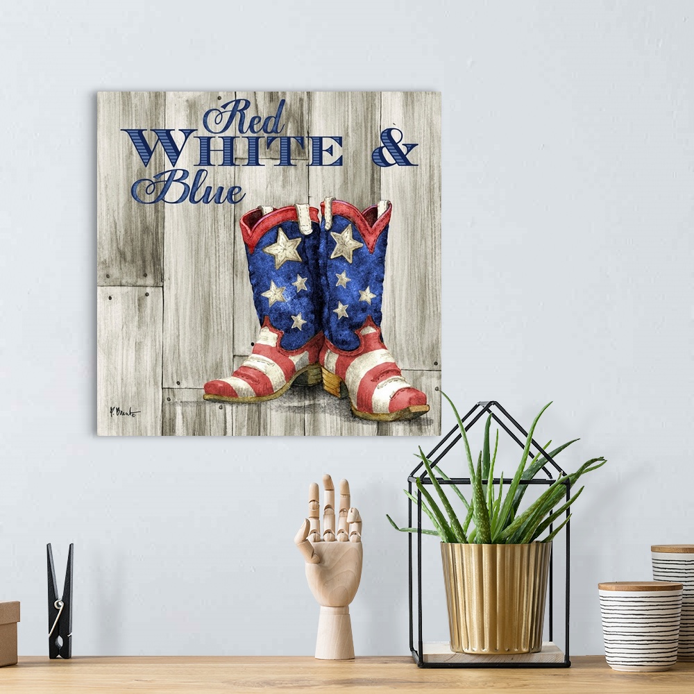 A bohemian room featuring Patriotic painting with a pair of cowboy boots in an American flag pattern.
