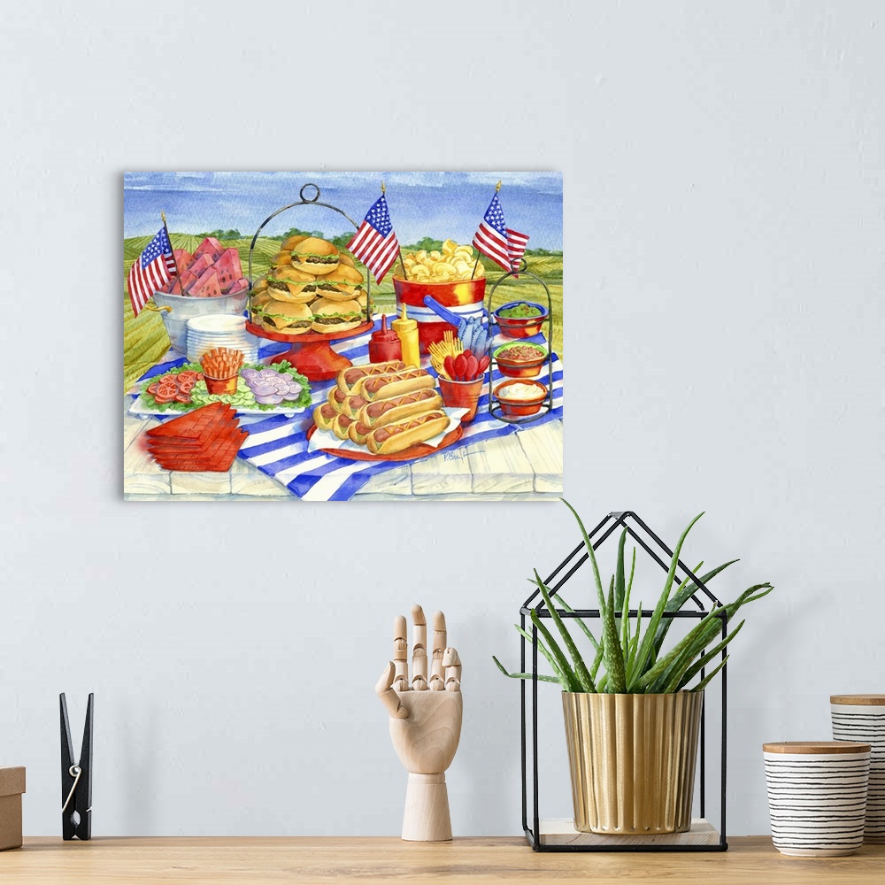 A bohemian room featuring Watercolor painting of a 4th of July picnic with hot dogs, burgers, and watermelon.