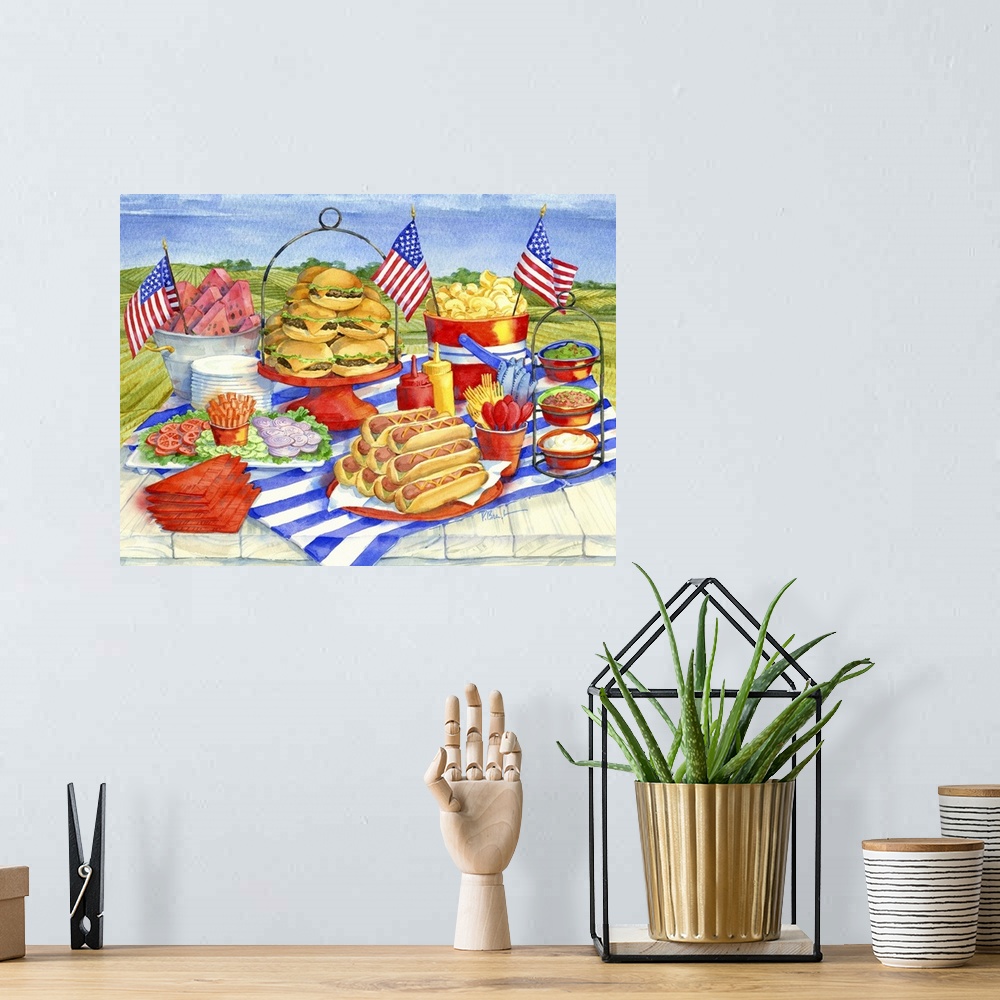 A bohemian room featuring Watercolor painting of a 4th of July picnic with hot dogs, burgers, and watermelon.
