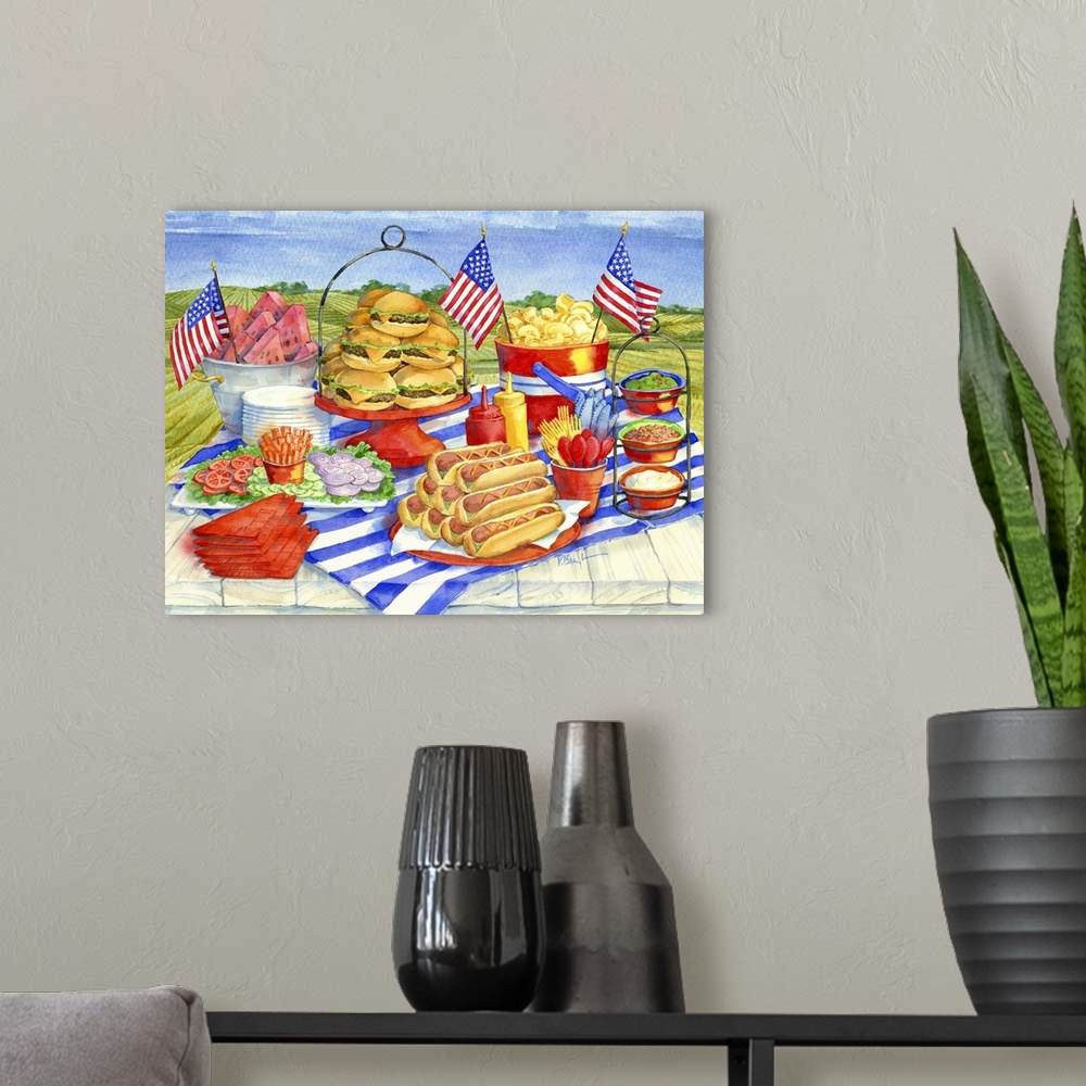 A modern room featuring Watercolor painting of a 4th of July picnic with hot dogs, burgers, and watermelon.