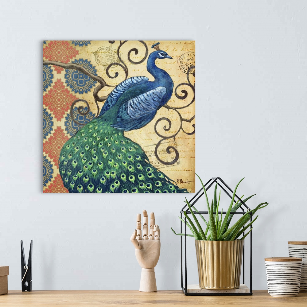 A bohemian room featuring Painting of a male peacock perched on a very curly branch on a batik pattern.