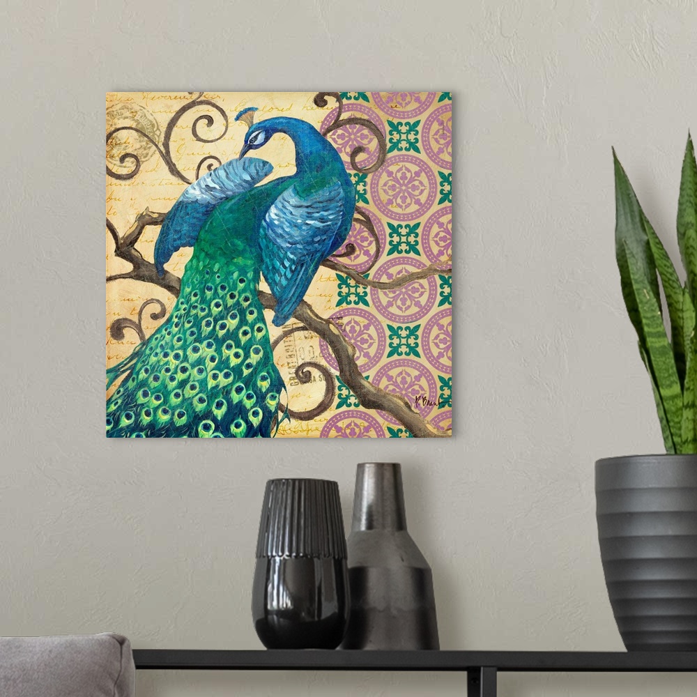 A modern room featuring Painting of a male peacock perched on a very curly branch on a batik pattern.