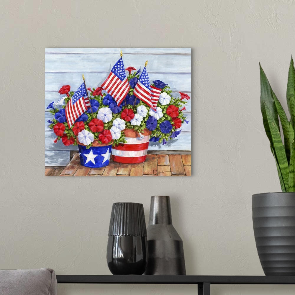 A modern room featuring Contemporary painting of a patriotic arrangement of petunias and American flags.
