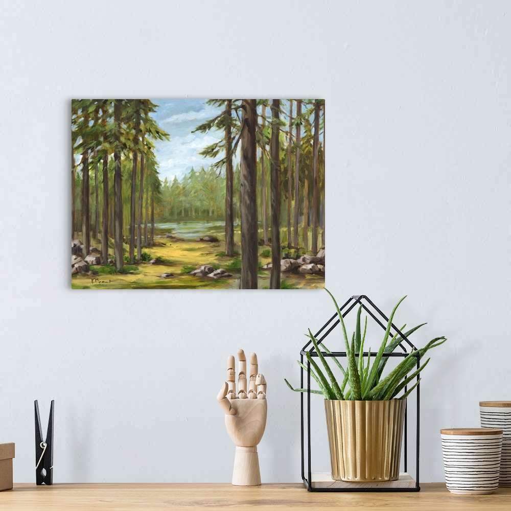 A bohemian room featuring Contemporary landscape painting of a forest with tall pine trees and a river.