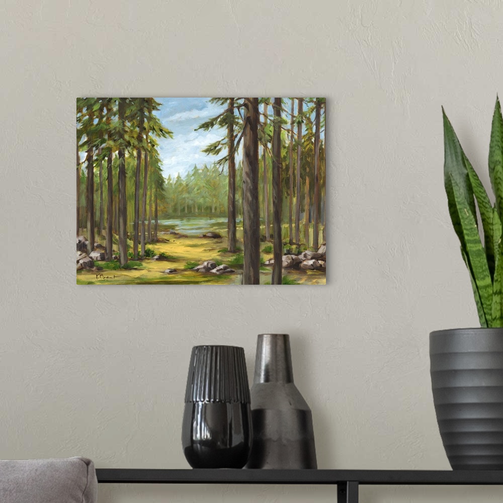 A modern room featuring Contemporary landscape painting of a forest with tall pine trees and a river.