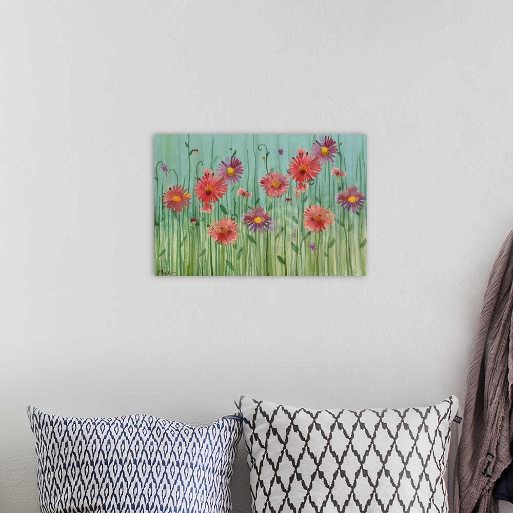 A bohemian room featuring Painting of gerbera daisies of varying tones on a simple background.