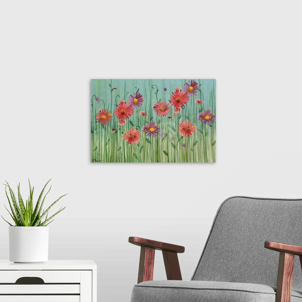 A modern room featuring Painting of gerbera daisies of varying tones on a simple background.