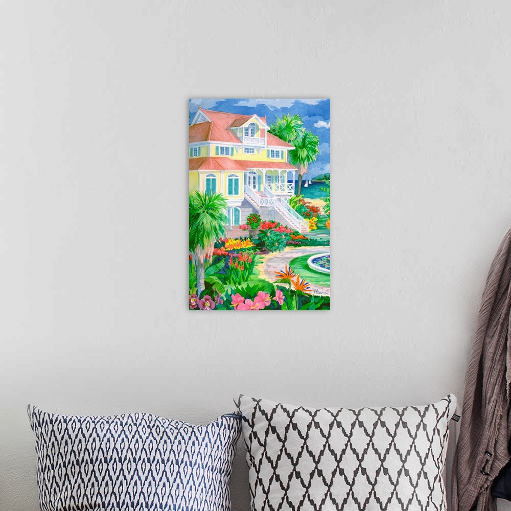 A bohemian room featuring Contemporary painting of a plantation-style home near a tropical beach.