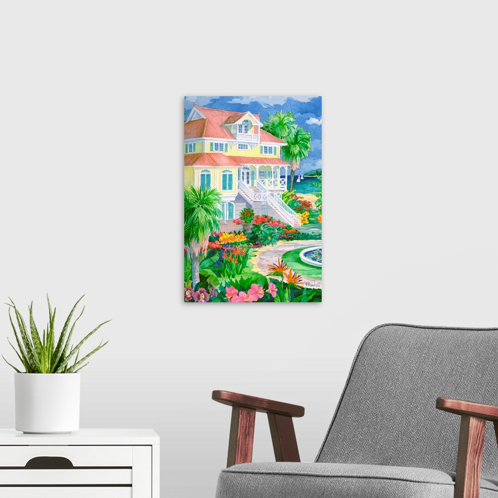 A modern room featuring Contemporary painting of a plantation-style home near a tropical beach.