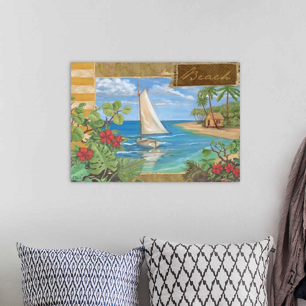 A bohemian room featuring Decorative artwork of a sailboat off the coast of a tropical beach, with floral elements.
