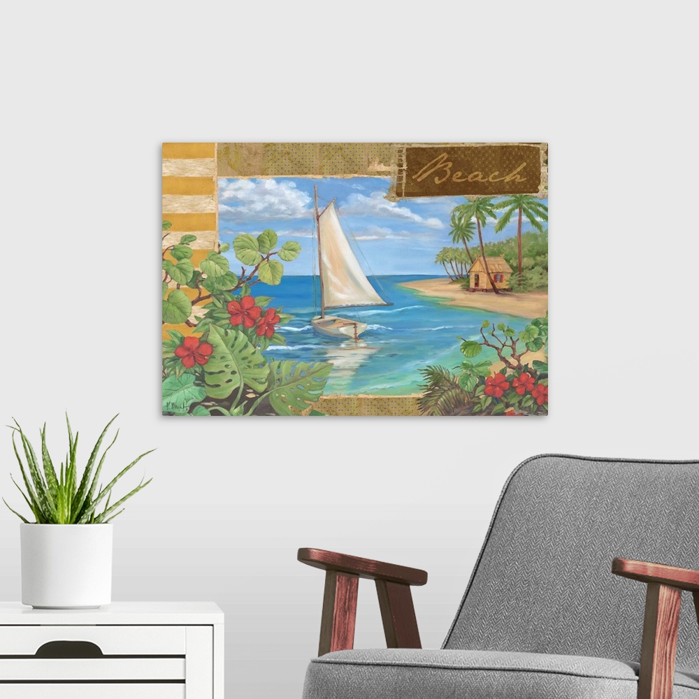 A modern room featuring Decorative artwork of a sailboat off the coast of a tropical beach, with floral elements.