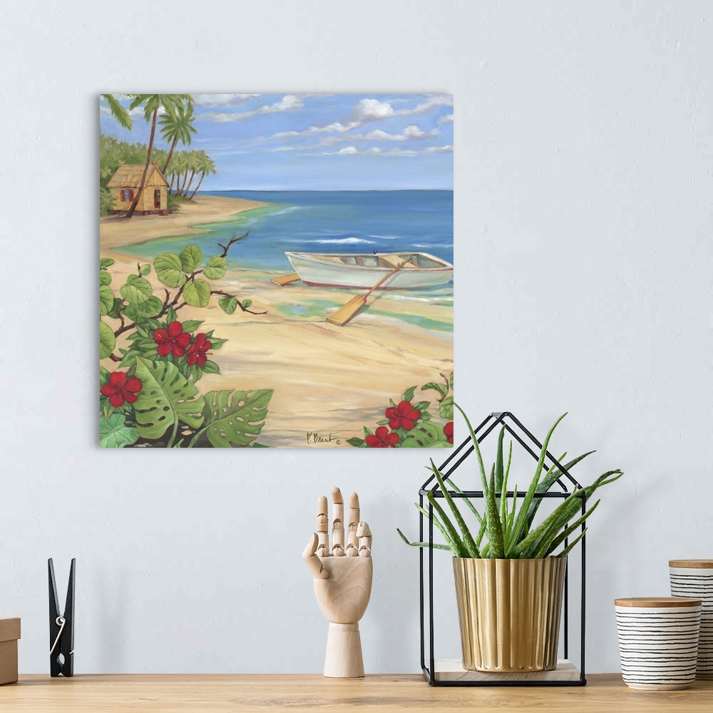 A bohemian room featuring Painting of a rowboat on the shore near tropical flowers and a beach hut.