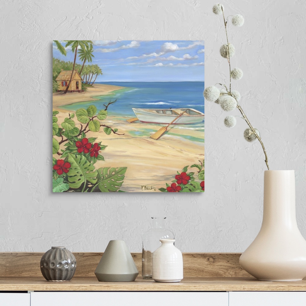 A farmhouse room featuring Painting of a rowboat on the shore near tropical flowers and a beach hut.