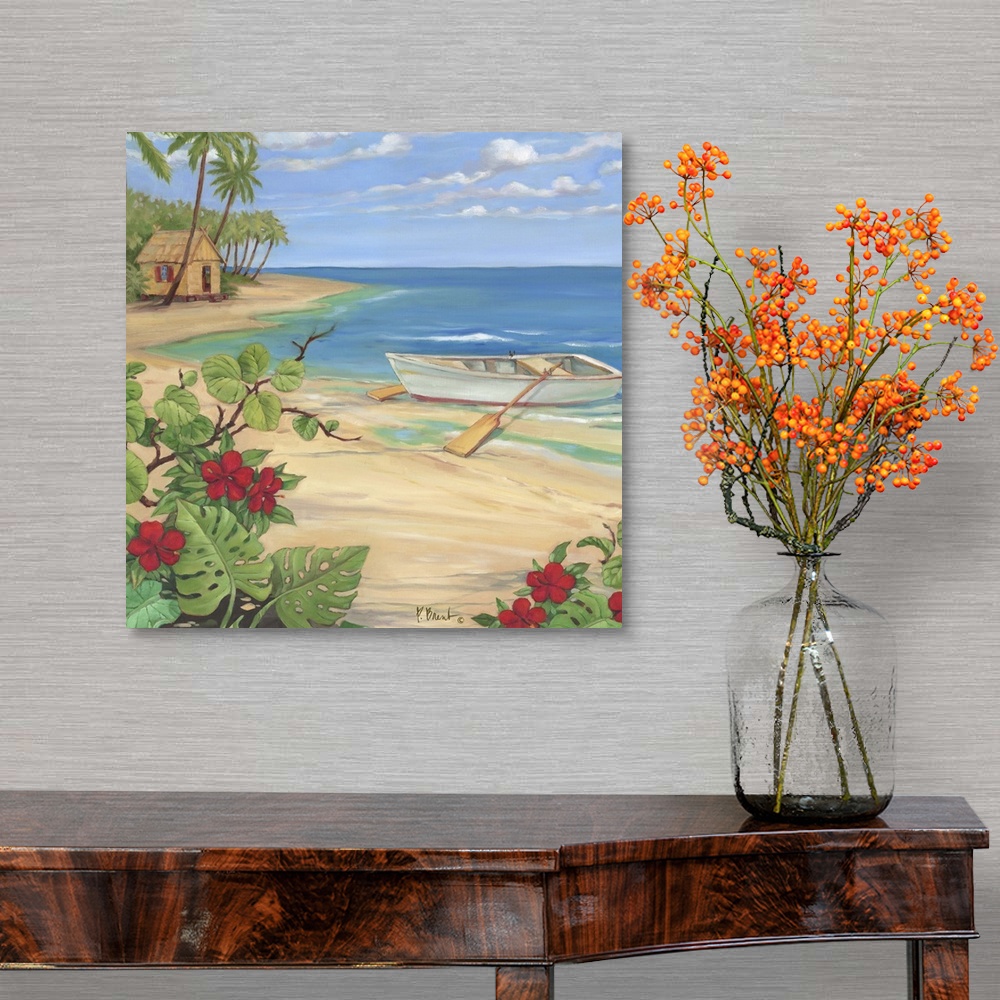 A traditional room featuring Painting of a rowboat on the shore near tropical flowers and a beach hut.